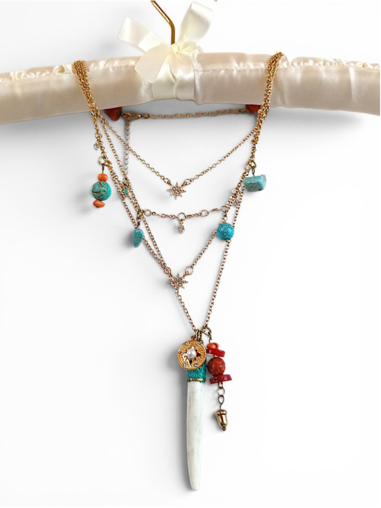 Handcrafted Jewelry - Inlaid Yak Bone Pendant on Layered Gold Plated chain Turquoise howlite red coral
